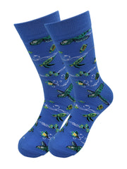Blue crew socks adorned with a pattern of green turtles, yellow fish, and white bubbles.